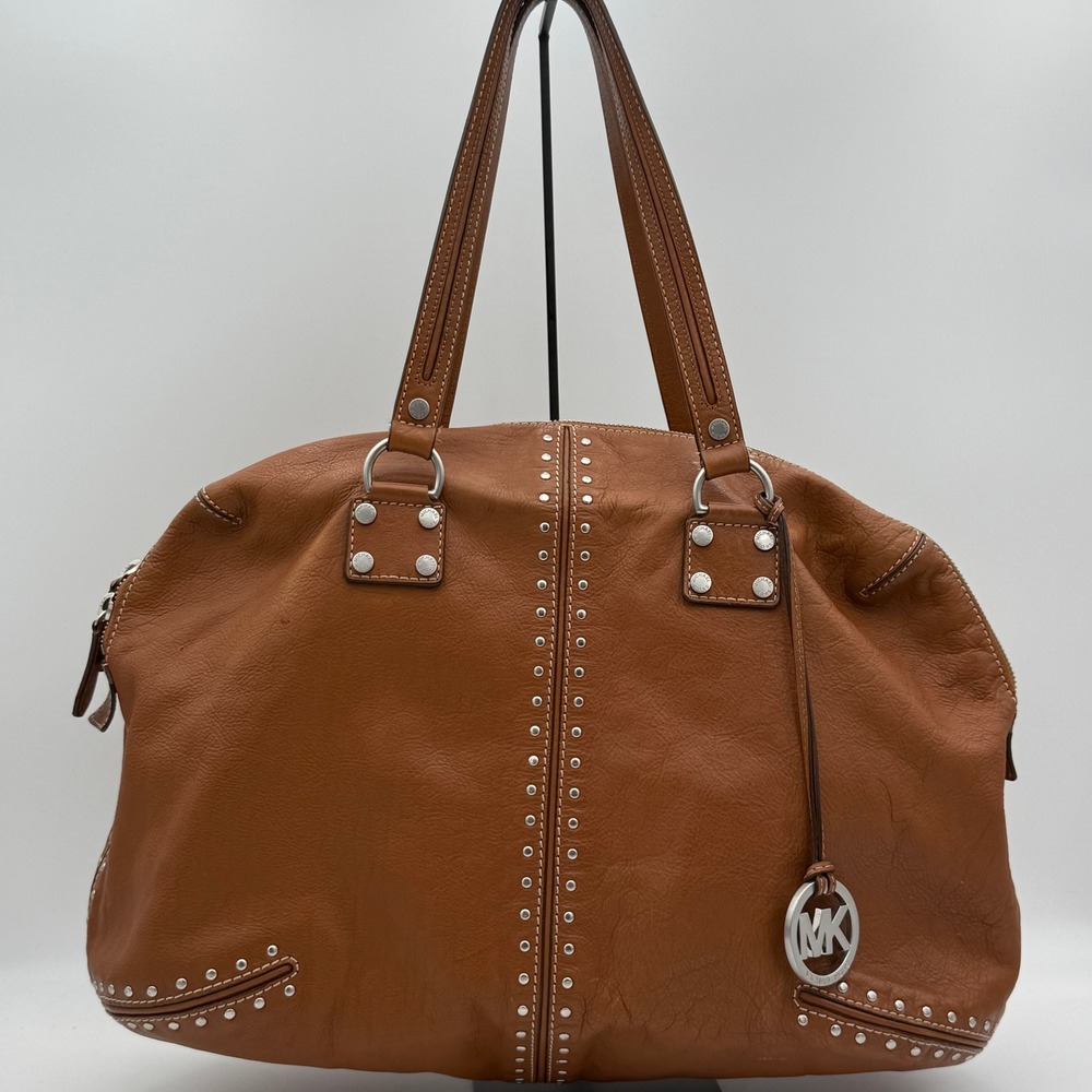 Michael Kors Astor Satchel Brown Leather Studded Shoulder Bag Silver Tone